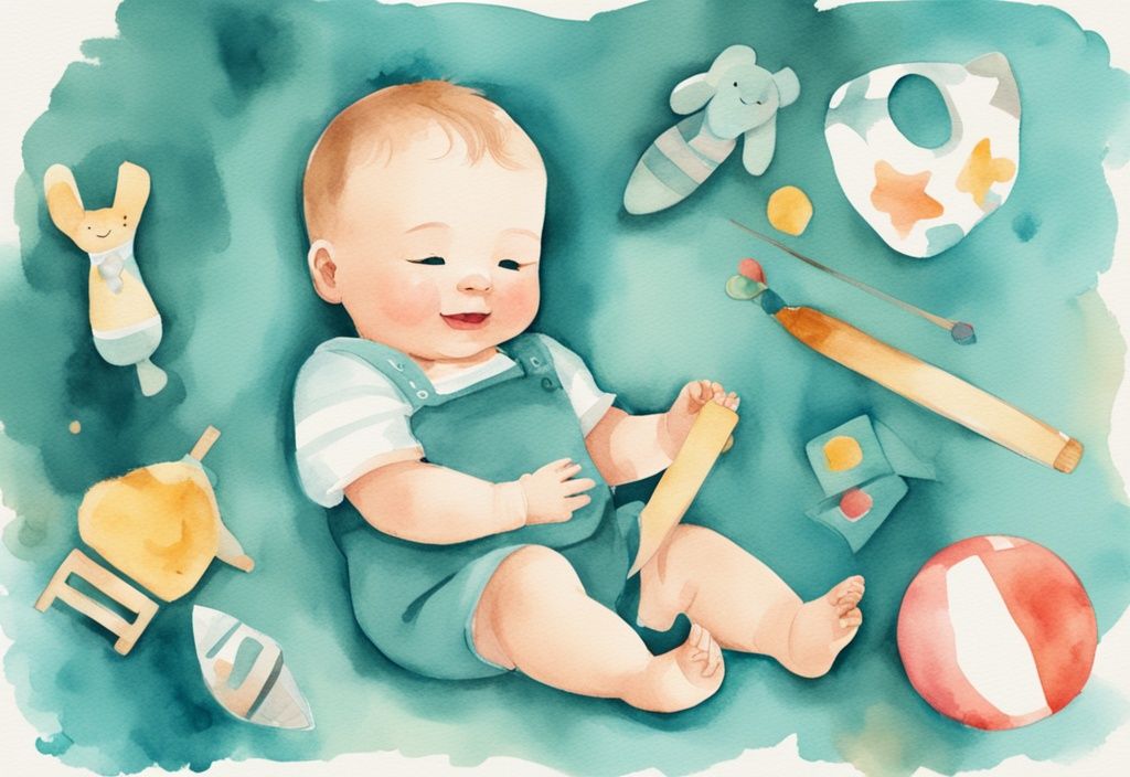 Modern watercolor illustration of a happy five-month-old baby engaged in activities, showcasing what to do with a 5 month old baby all day, including playing with colorful toys, interacting with a parent, and napping.