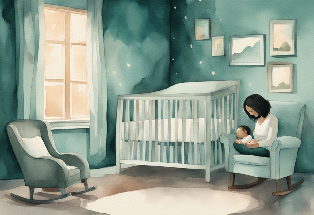 Modern watercolor illustration of a parent rocking a sleepy baby in a serene, teal-themed room.