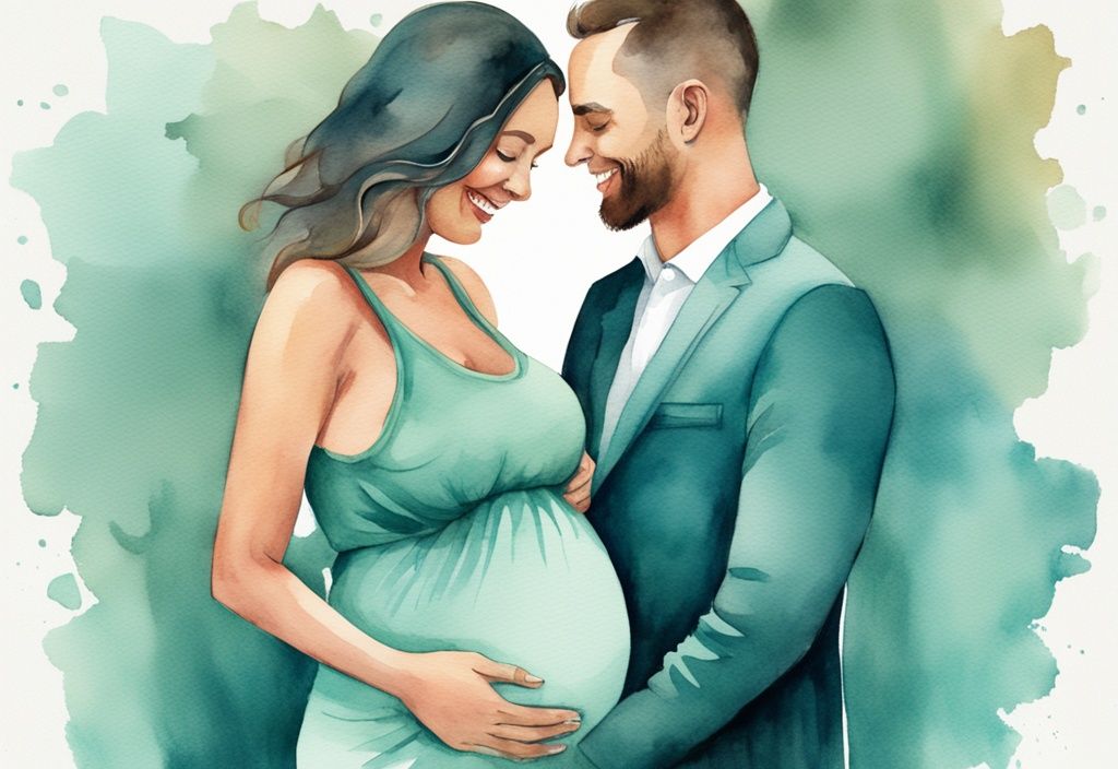 Modern watercolor illustration of a happy couple, man holding pregnant woman's belly, teal color theme.