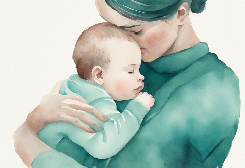 Modern watercolor illustration of adult hands cradling a baby's head in teal color theme.