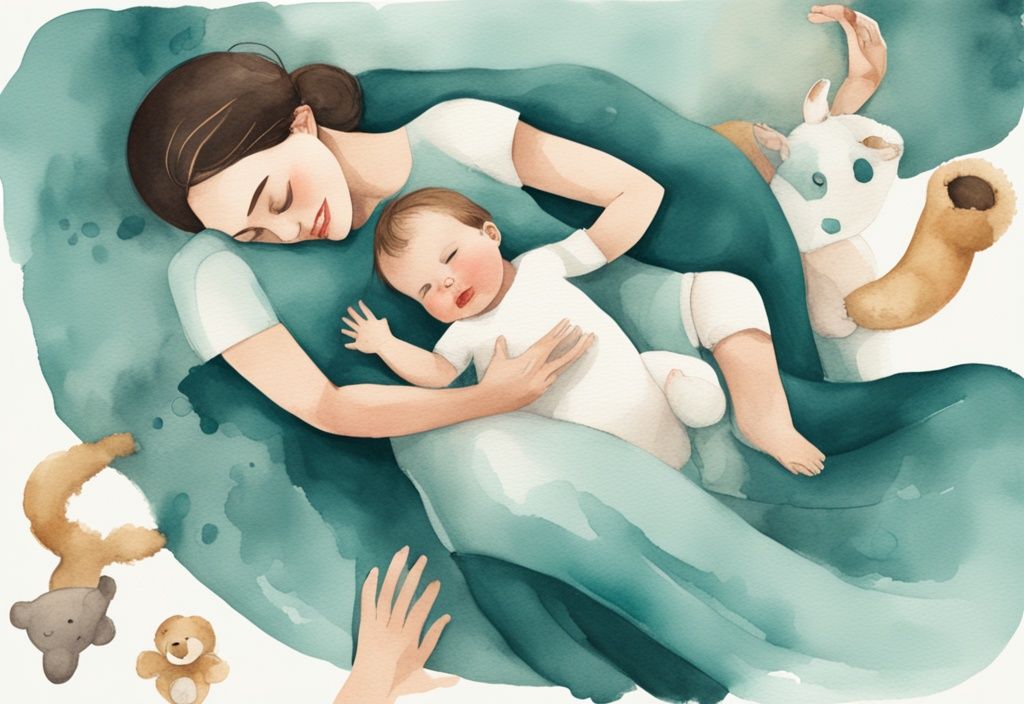 Modern watercolor illustration of a mother and baby on a teal-themed blanket, with supportive baby-safe toys, guiding baby in rolling from back to tummy.