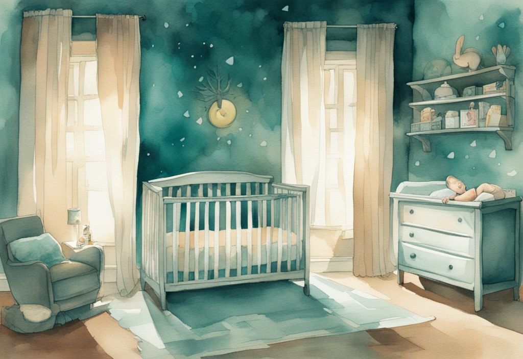 Modern watercolor illustration of a sleeping baby in a teal-themed nursery with a sound machine ambiance.