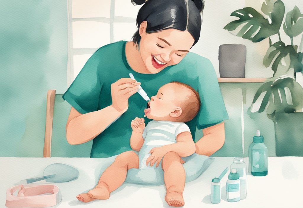 Modern watercolor illustration of a parent cleaning infant's tongue with a teal-themed baby-friendly tongue cleaner.