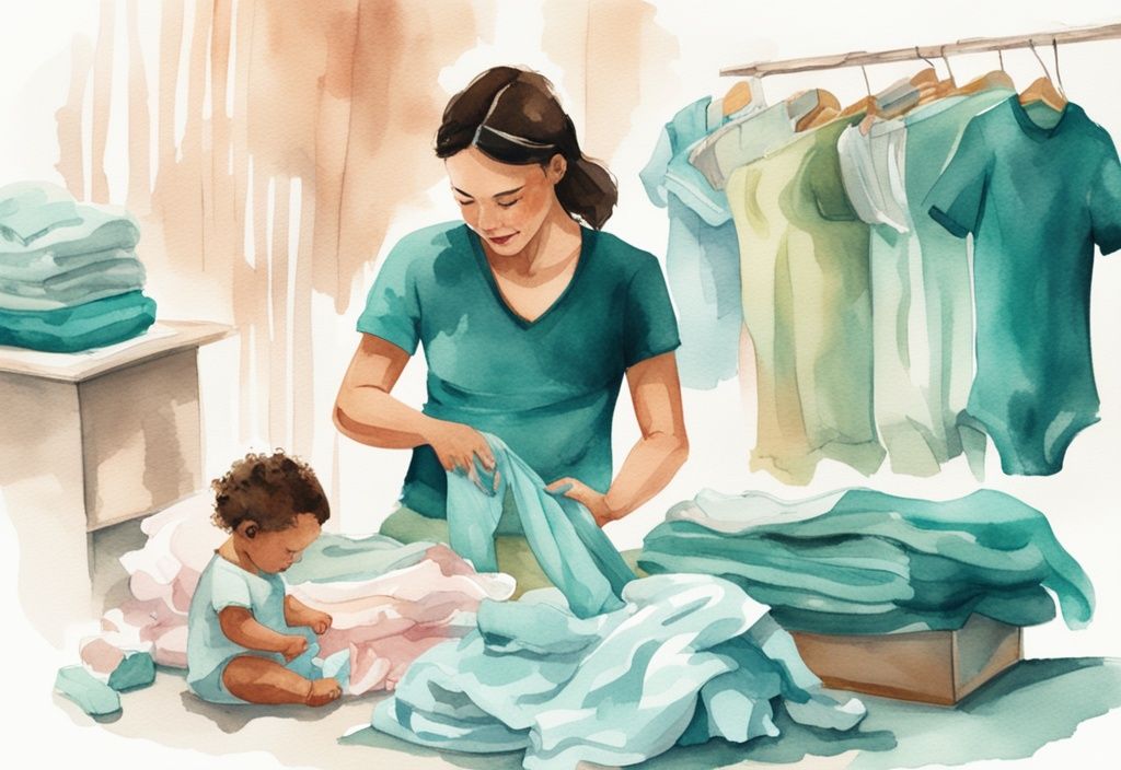 Modern watercolor illustration of a parent using natural stain remover on baby clothes with teal color theme, clean baby clothes in background.