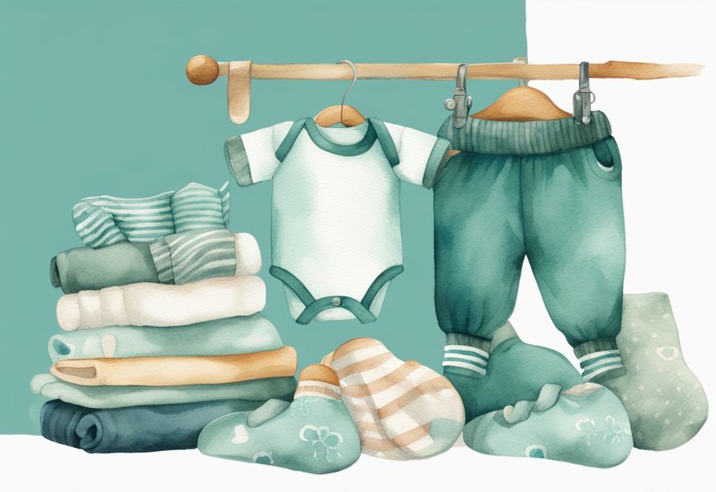 Modern watercolor illustration of teal-themed baby clothing stack with hands counting onesies, sleepers, and socks.