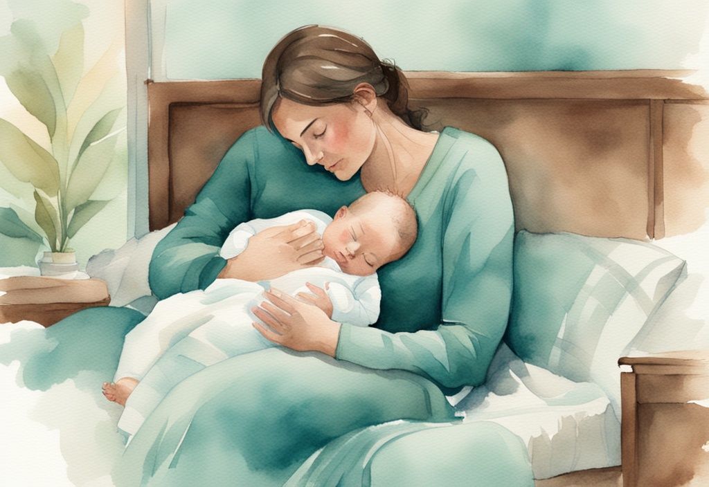 Modern watercolor illustration of a parent soothing a sleeping baby post-surgery in teal hues, depicting how to soothe baby after tongue tie surgery.