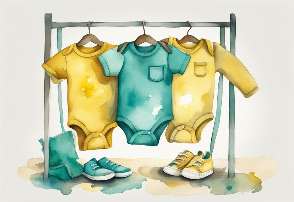 Modern watercolor illustration showing before and after effects of stain removal on baby onesies, highlighting how to get yellow stains out of baby clothes with teal theme.