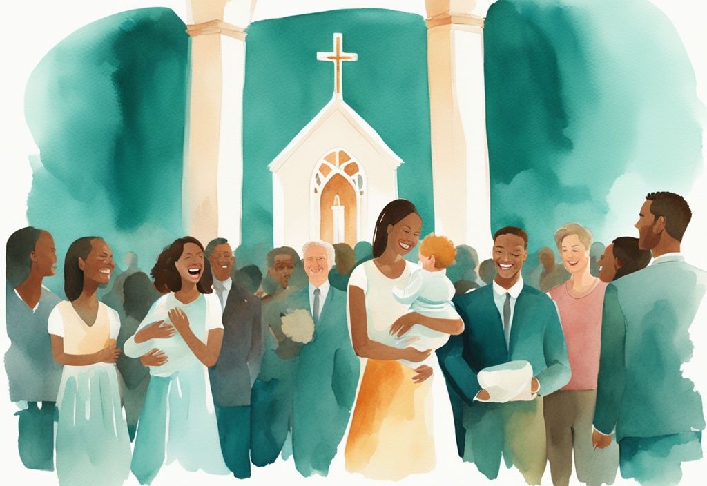 Modern watercolor illustration of parents with newborn in teal-themed church setting, diverse crowd, warm atmosphere.