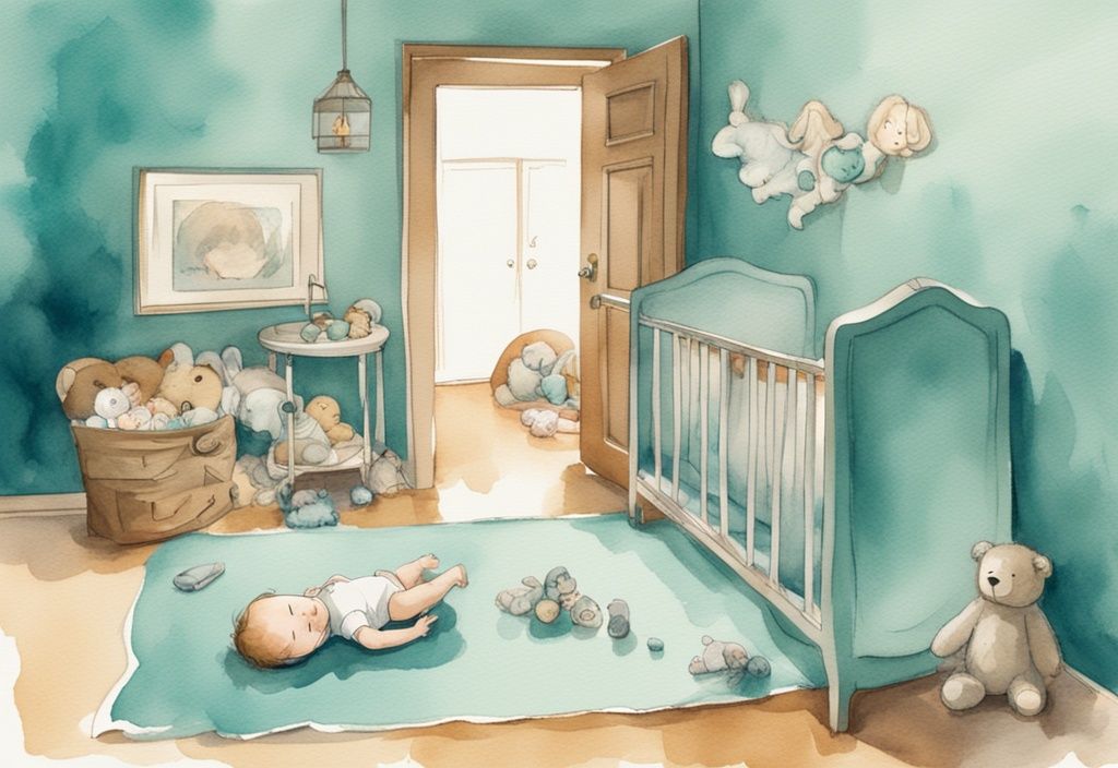 Modern watercolor illustration of a calm baby lying in a crib with soft toys, a clock showing nap time, and a worried mother at the door, exploring the theme "how long to leave baby in crib if not napping.