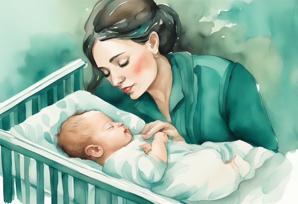 Modern watercolor illustration of a tired mother placing her sleeping baby in a crib, teal color theme.