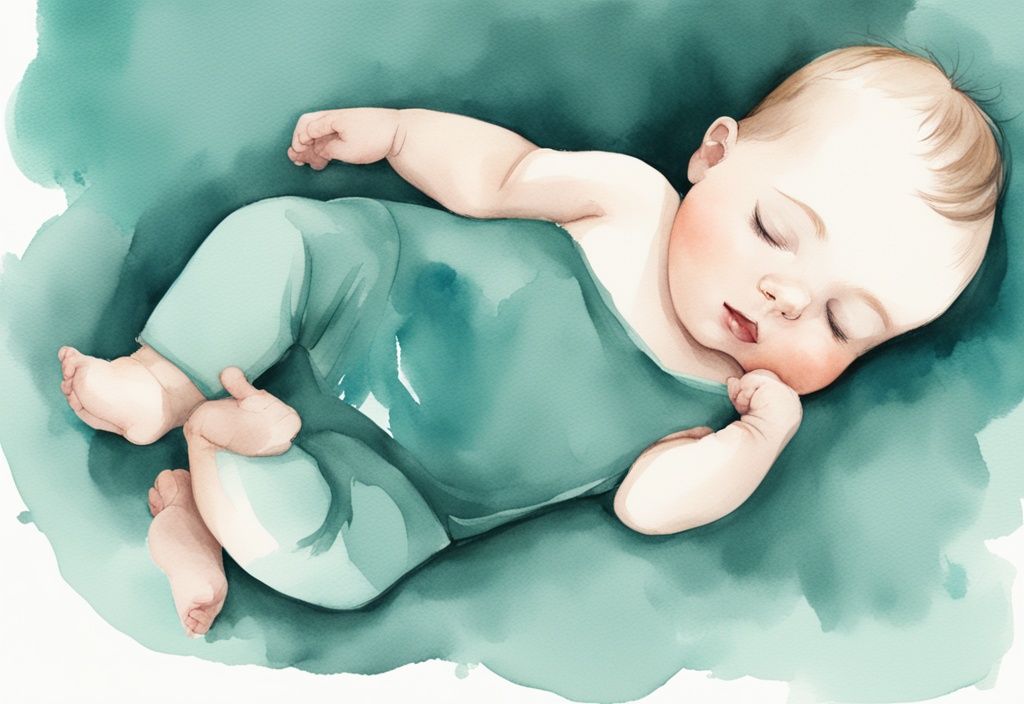 Modern watercolor illustration of a baby sleeping on tummy with knees tucked under and butt in the air, teal color theme.