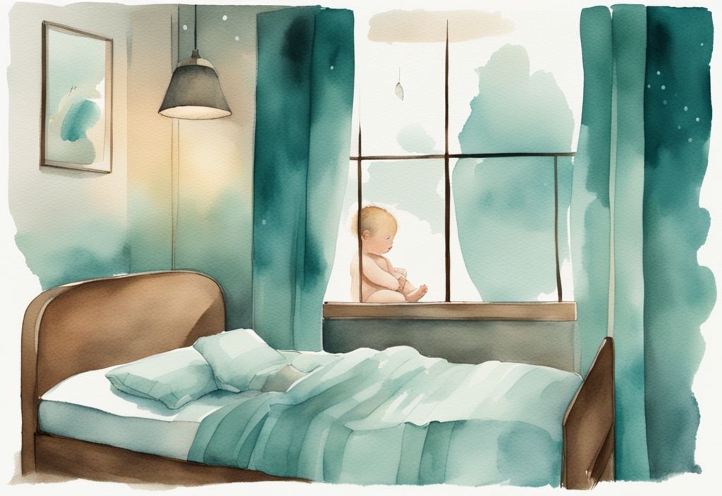 Modern watercolor illustration of a serene, sleeping baby in a dimly lit room with a noise machine, related to how to stop baby waking at 3am.