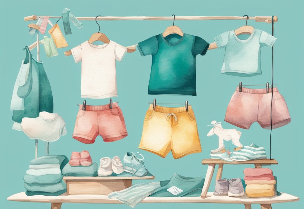 Modern teal watercolor illustration of baby clothes in various sizes on a table with a colorful size chart.