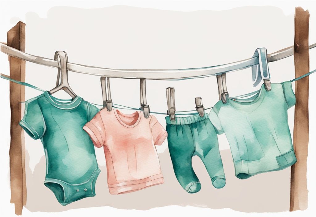 Modern watercolor illustration of teal-themed baby clothes on a drying rack with adult hands hanging garments.