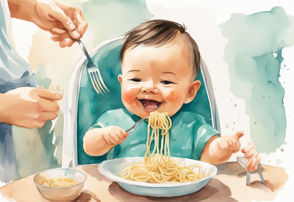 Modern watercolor illustration of a cheerful baby in a high chair being fed spaghetti by a smiling parent, demonstrating how to serve spaghetti to baby.