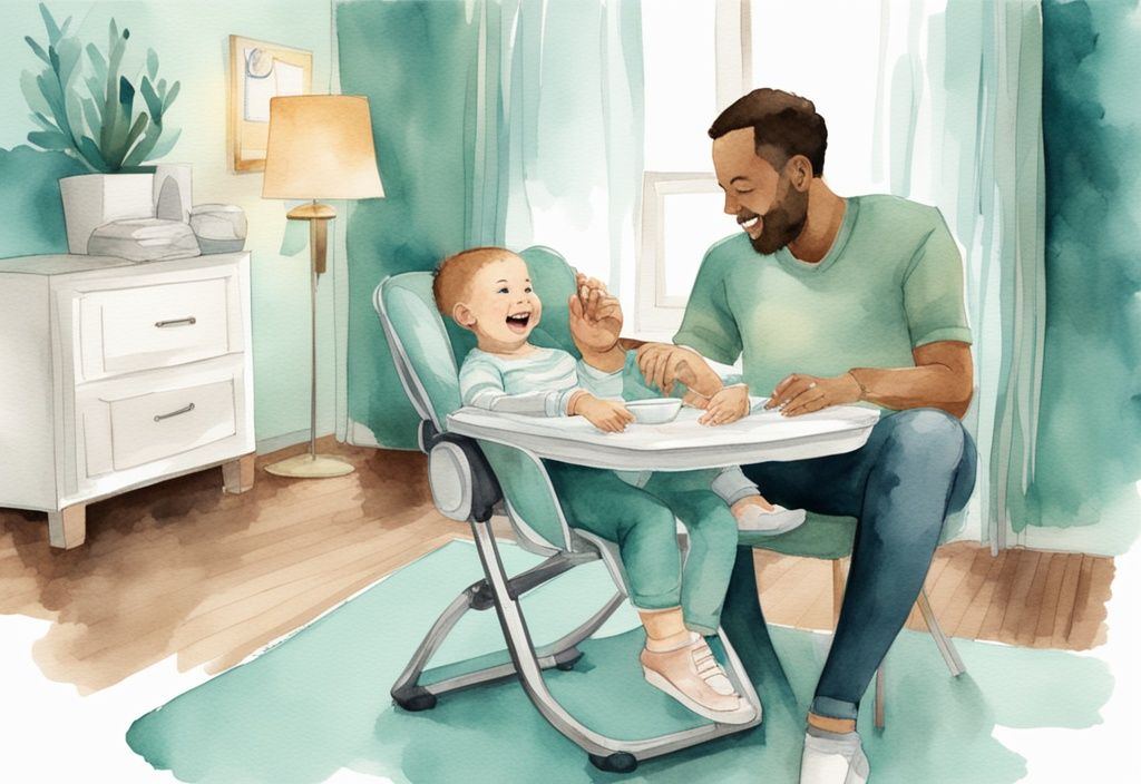 Modern watercolor illustration of a baby sitting safely in a high chair with happy parents nearby, addressing the question of when can a baby sit in a high chair.