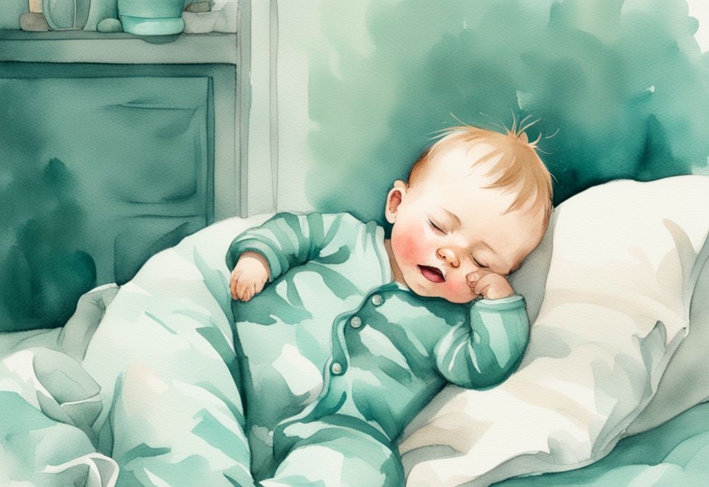 Modern watercolor illustration of a sleepy baby in teal-themed cozy pajamas, with a chubby hand gently scratching his head when sleepy.