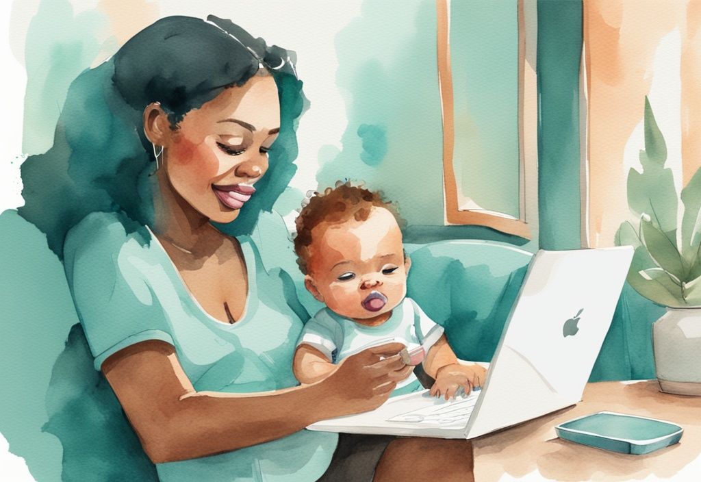 Modern watercolor illustration of a concerned parent researching online tips on how to get my baby to stop using me as a pacifier, with a baby happily gnawing on a pacifier, main color theme teal.