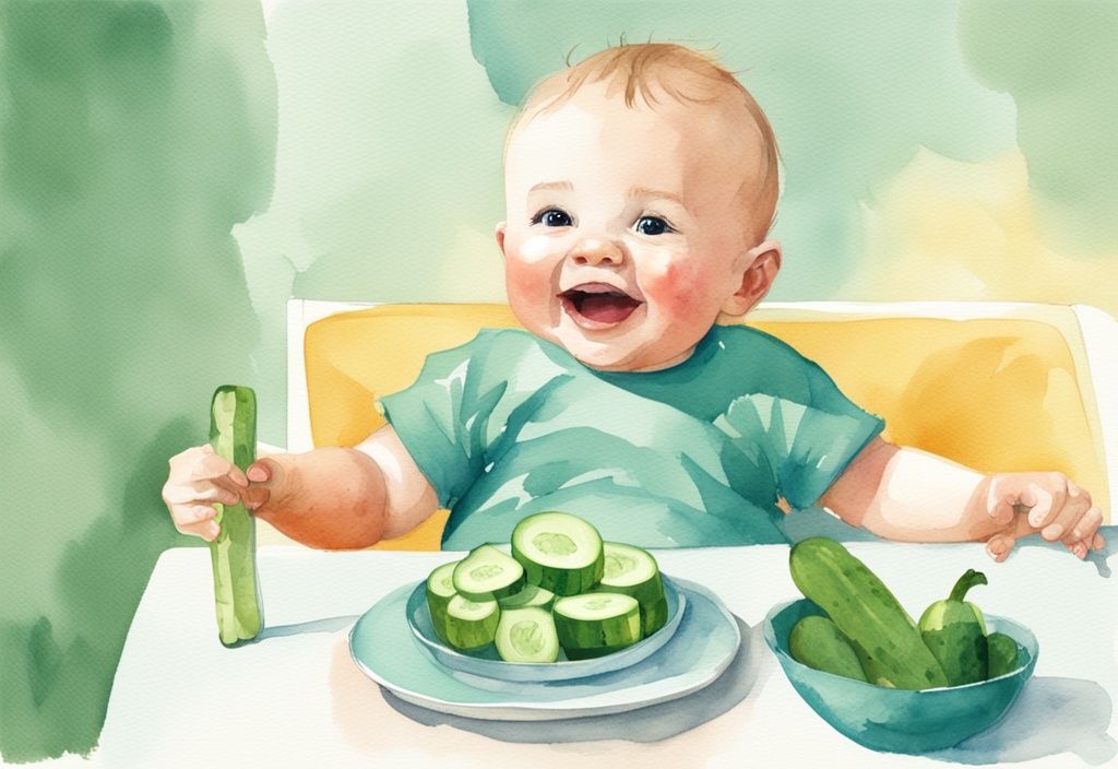 Modern watercolor illustration of a cheerful baby in a high chair reaching for a cucumber slice on a colorful plate, with a teal color theme.