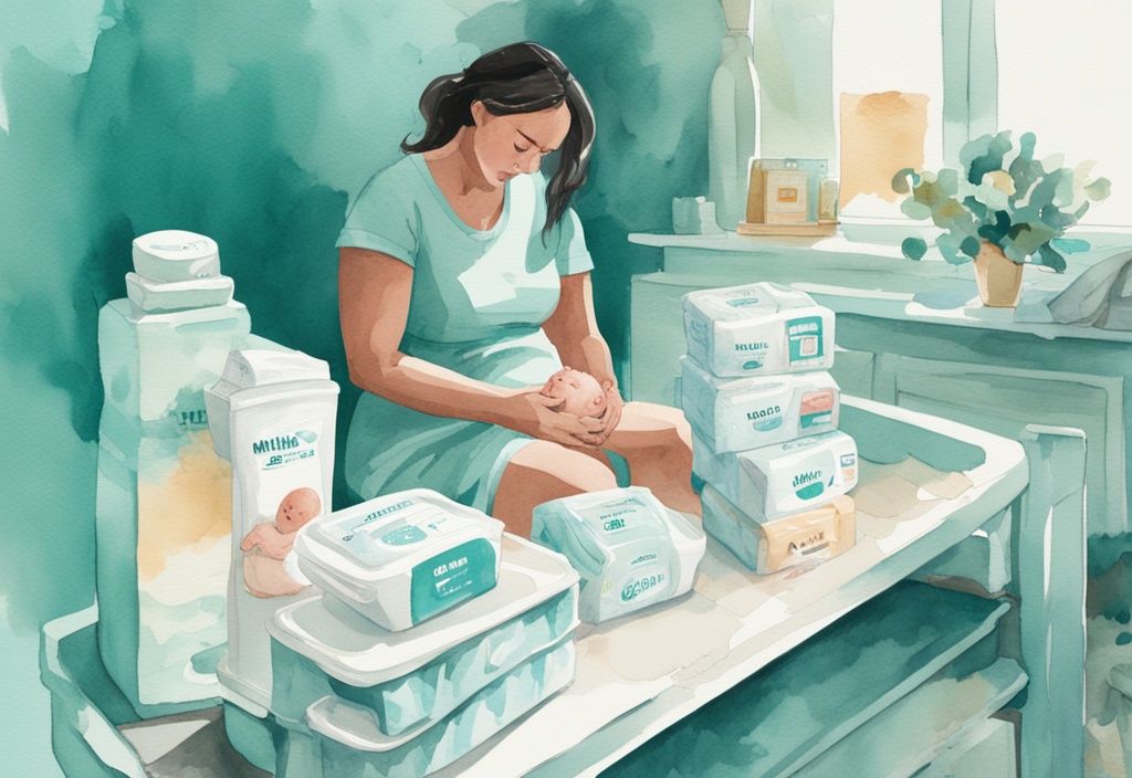 Modern watercolor illustration of a puzzled parent with a newborn next to various brands of baby wipes on a teal-themed changing table.