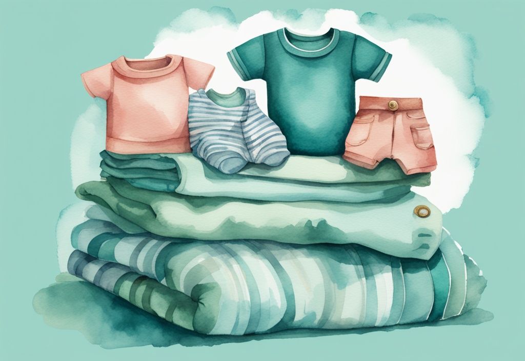 Modern watercolor illustration of baby clothes in teal theme, depicting three stacks to answer the question "how many baby clothes do I need": a small "too little" stack, a massive "too much" stack, and a middle-sized "just right" stack.