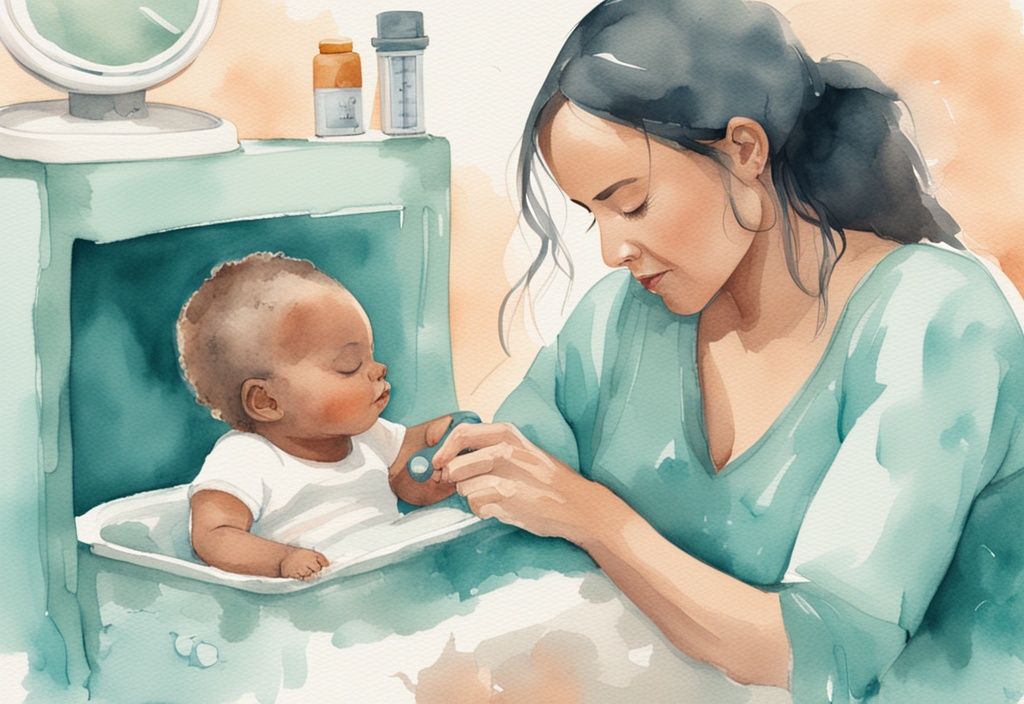 Modern watercolor illustration of a mother caring for her baby in a teal-themed nursery with an ideal humidity gauge.