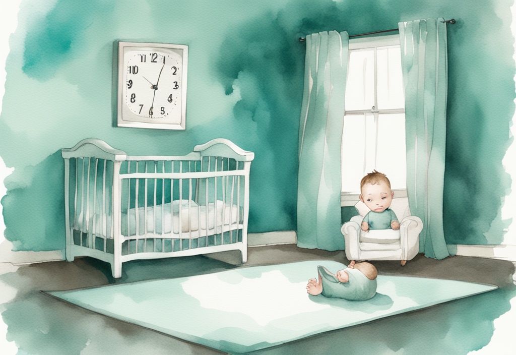 Modern watercolor illustration of a teal-themed nursery with a calm baby awake in a crib, gazing at a nearby clock.