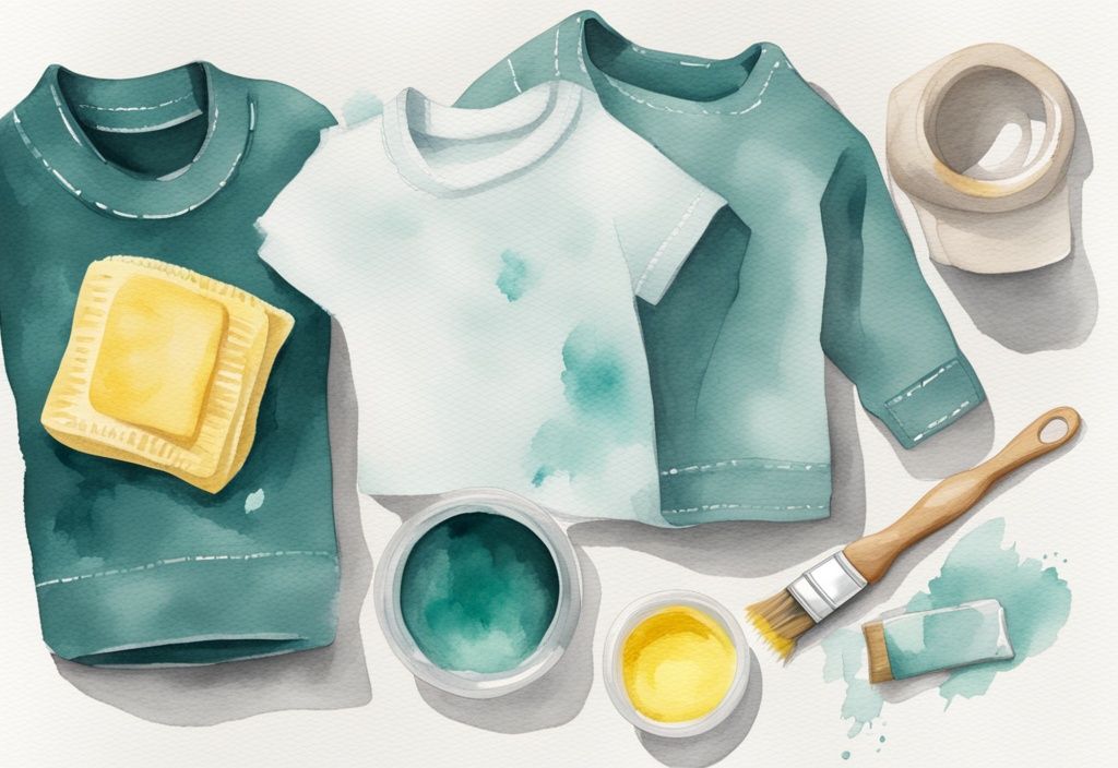 Modern watercolor illustration of teal-themed baby clothes with yellow stains, next to natural stain remover solution and scrub brush.