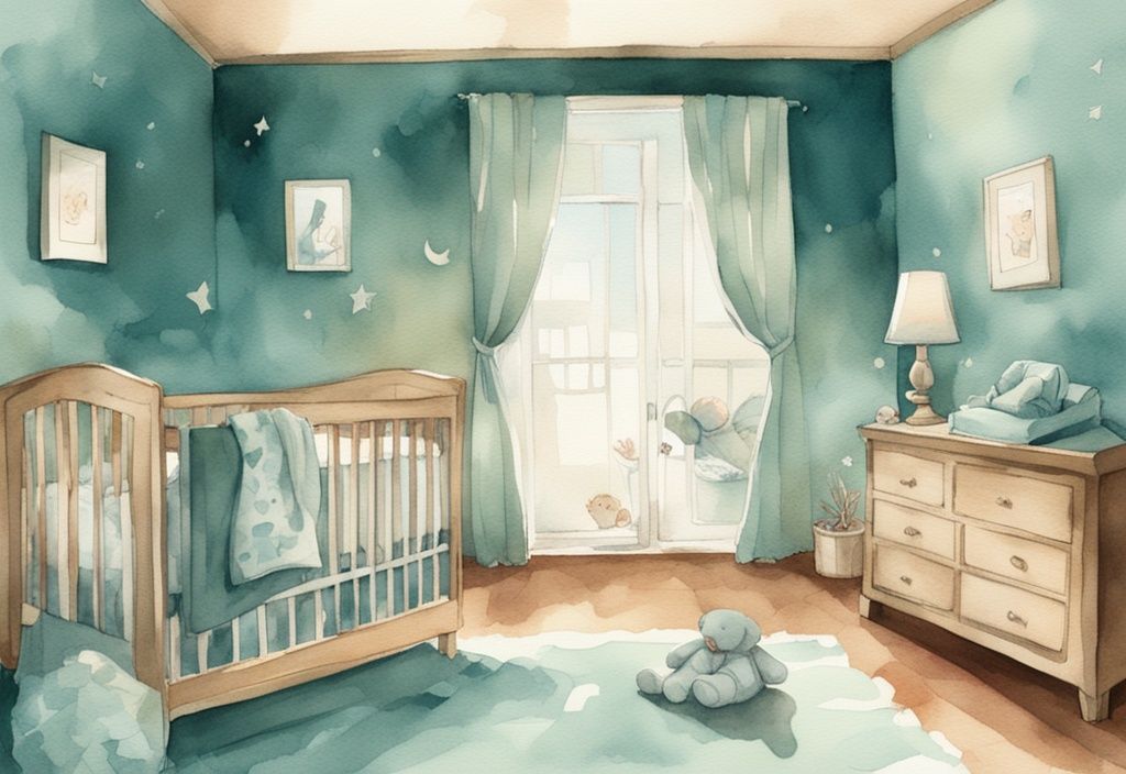 Modern watercolor illustration of a sleeping baby in a teal-themed nursery with sound machine ambiance.