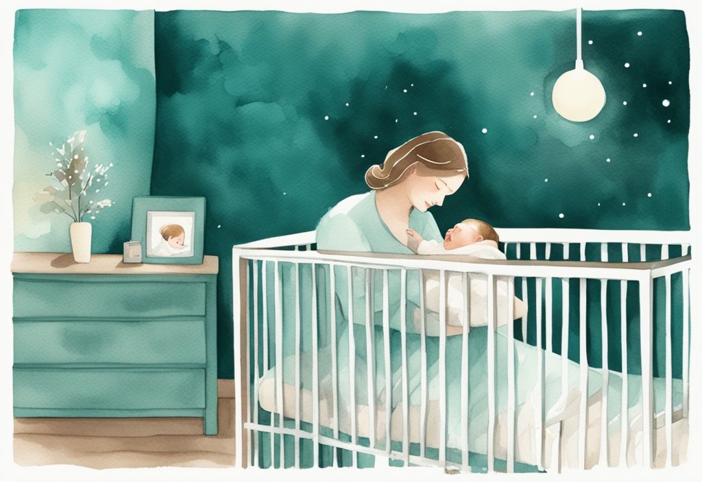 Modern watercolor illustration of a mother placing her sleeping baby in a crib with a teal color theme and a softly lit nightlight in the background.