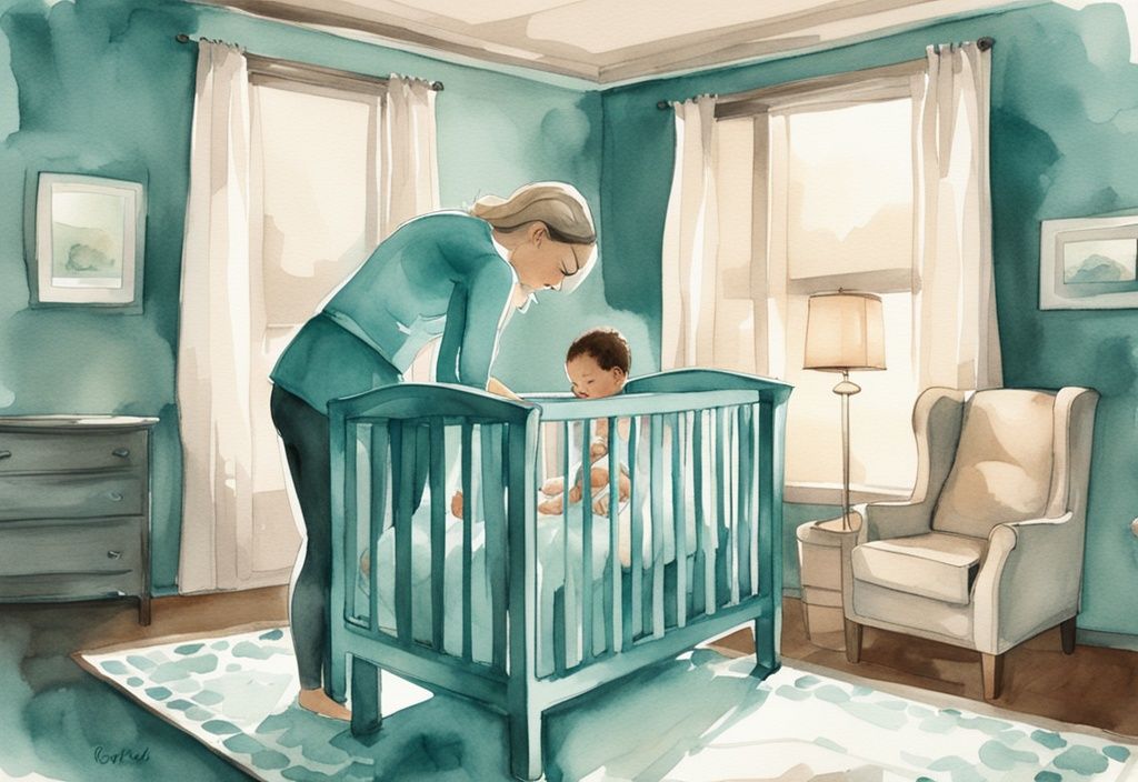 Modern watercolor illustration of a parent gently lowering a sleeping baby into a crib in a serene, dimly lit nursery, demonstrating how to transfer baby to crib with care and ease.