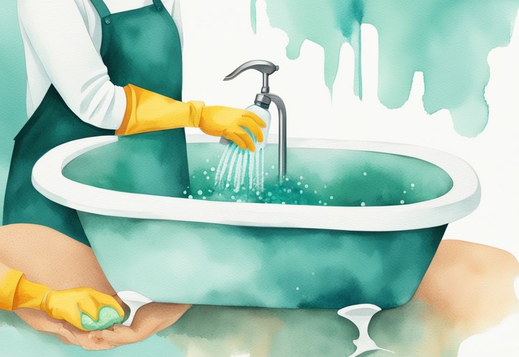 Modern watercolor illustration of hands in gloves cleaning a baby bathtub with eco-friendly products, featuring a teal color theme and a shining clean bathtub.