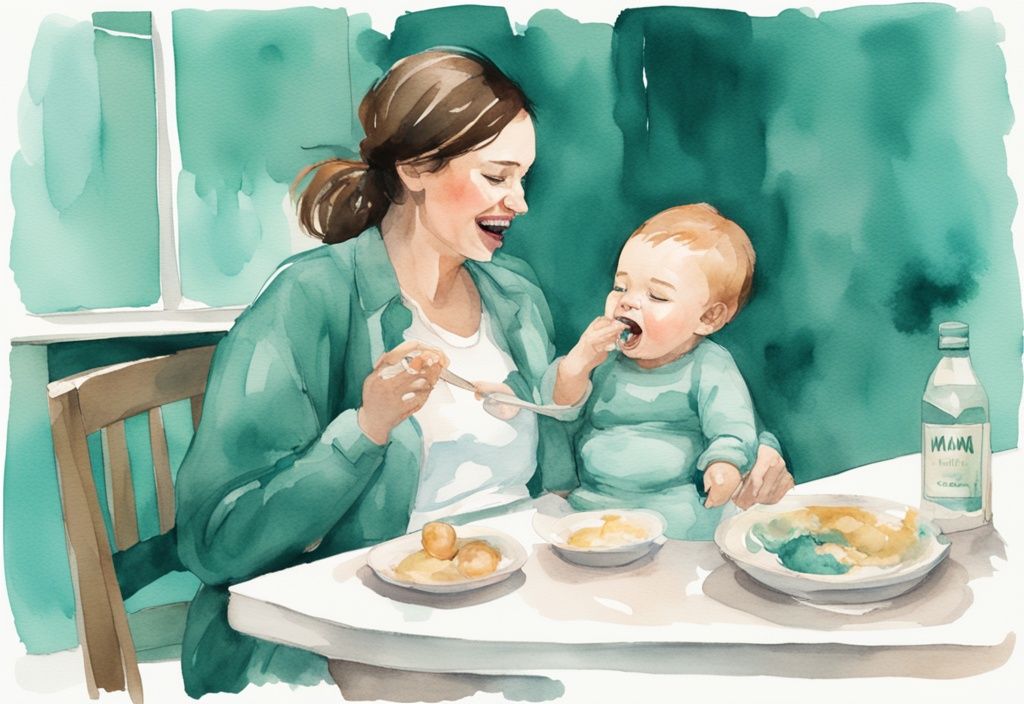 Modern watercolor illustration of a mother saying "mama" to her baby in a high chair, with a teal color theme.