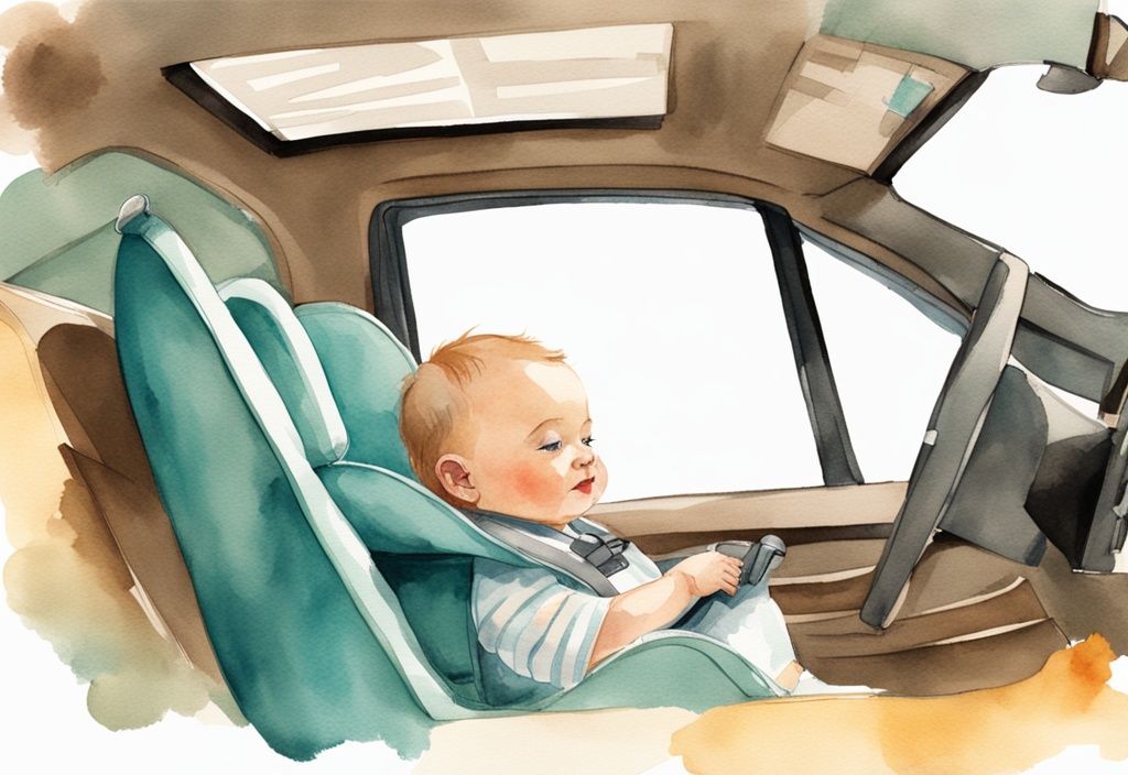 Modern watercolor illustration of a baby in a teal-themed car seat with sun shade and portable fan.