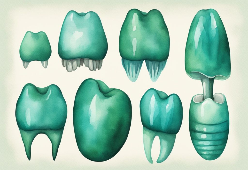 Modern watercolor illustration of baby tooth vs adult tooth, featuring a teal color theme with a side-by-side comparison of a small, round-edged baby tooth and a larger, long-rooted adult tooth.