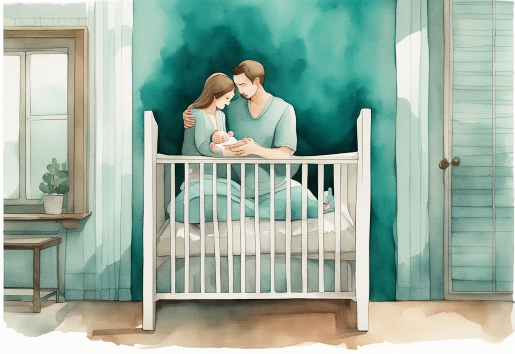 Modern watercolor illustration of parents lowering crib side with baby inside, teal color theme.