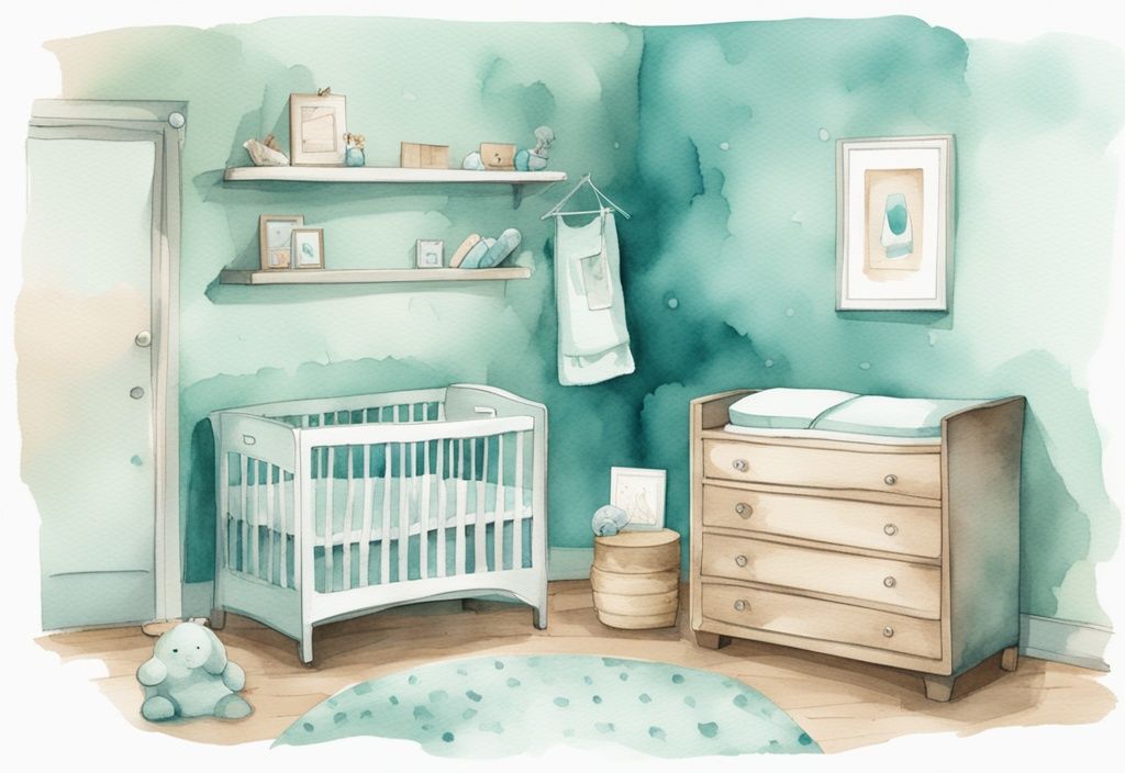 Modern watercolor illustration of a serene nursery room in teal, featuring a baby monitor on a wooden shelf near the cot, showcasing where to put baby monitor for optimal crib view.