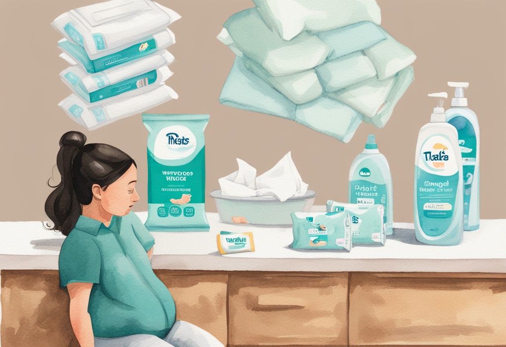 Modern watercolor illustration of a puzzled parent holding a newborn beside various brands of baby wipes on a teal-themed changing table.