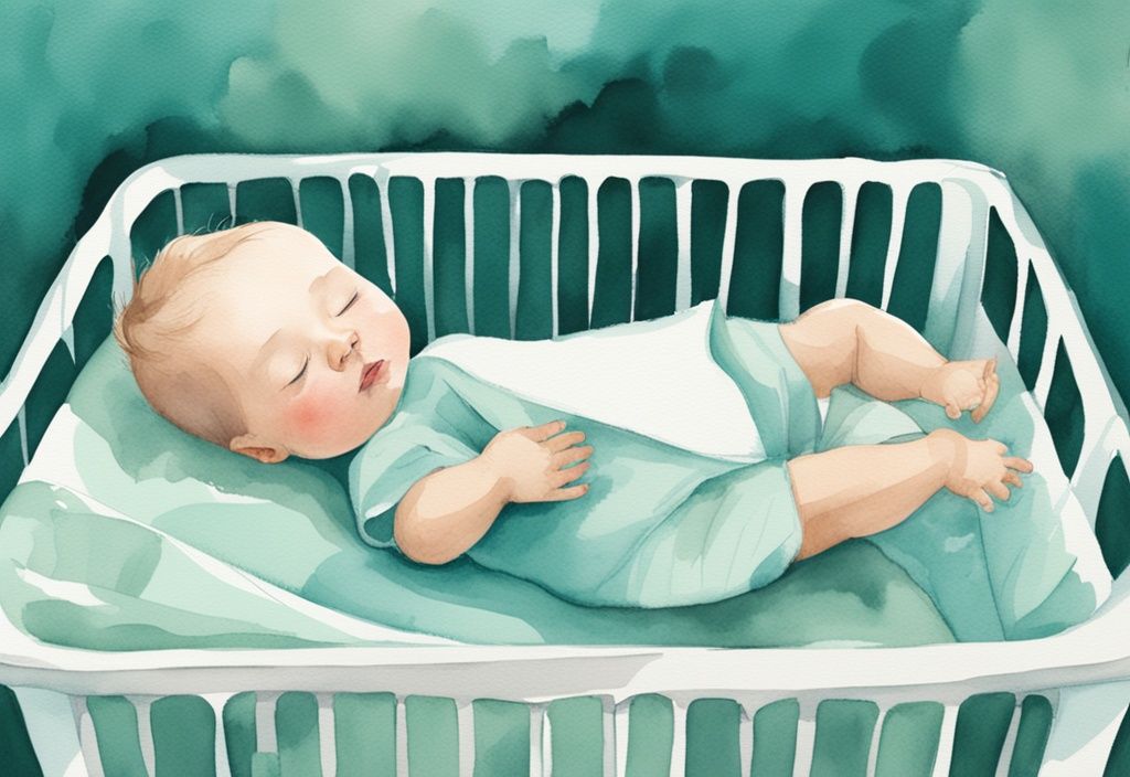 Modern watercolor illustration of a sleeping baby in a pack and play with a digital clock nearby, highlighting the theme "how long can a baby sleep in a pack and play" in teal colors.