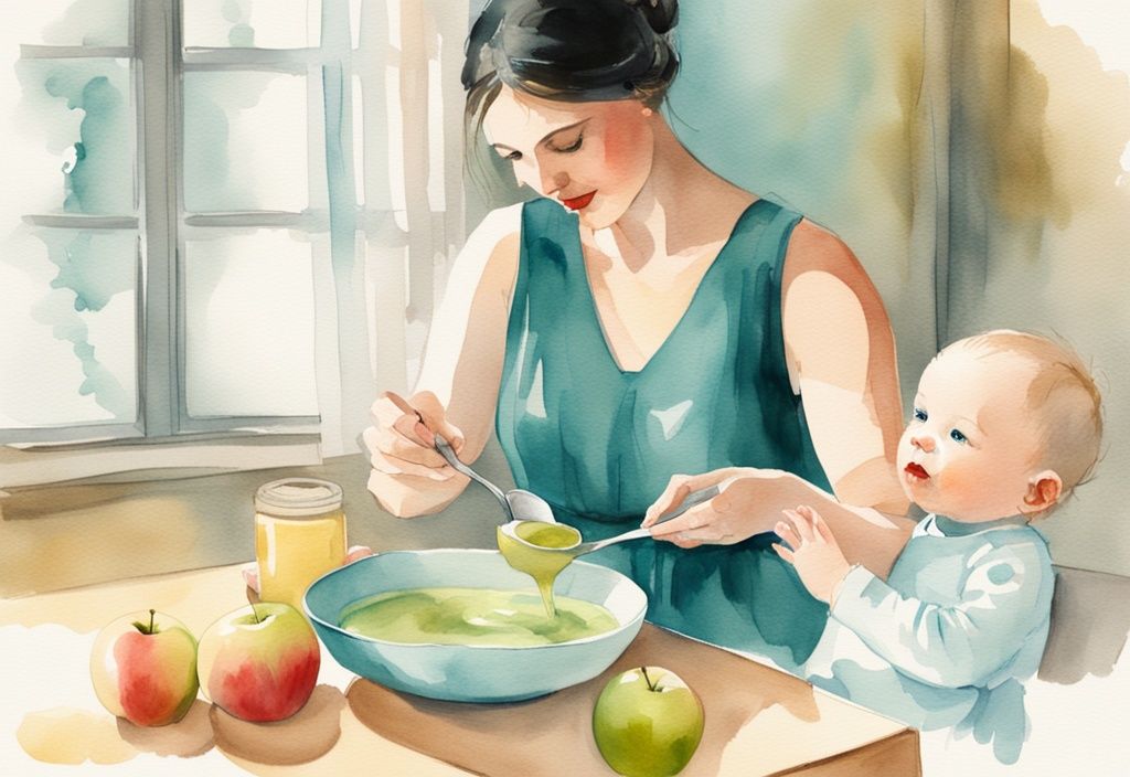 Modern watercolor illustration of a mother feeding baby steamed apple puree in teal color theme.