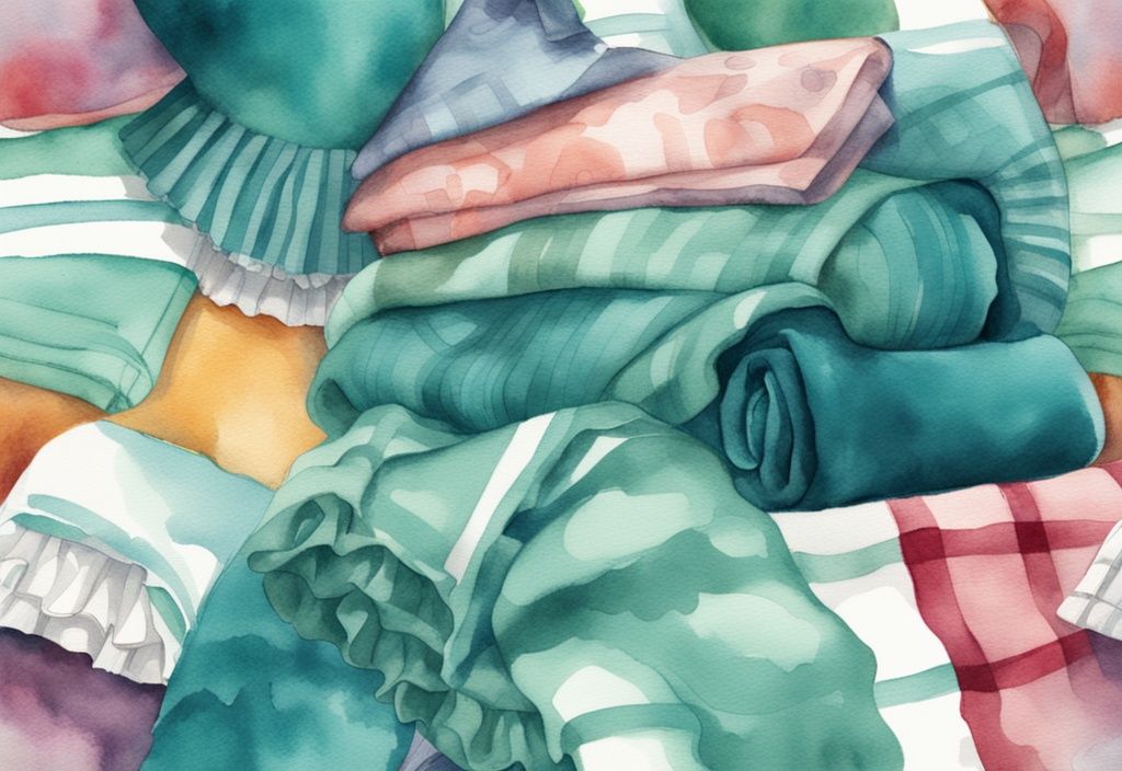 Modern watercolor illustration of teal-themed baby blankets stack with quantity scale.