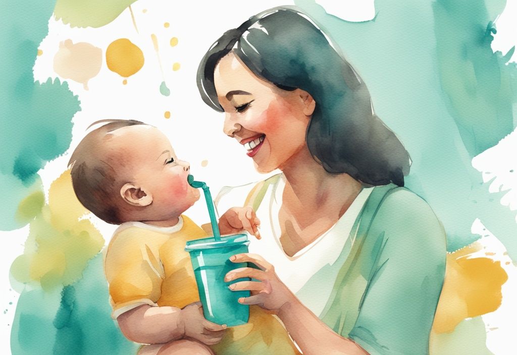 Modern watercolor illustration of a smiling mother teaching how to get a baby to drink from a straw using a colorful teal-themed cup.