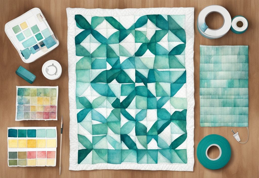 Modern watercolor illustration of a teal-themed baby quilt with tape measure displaying exact size.