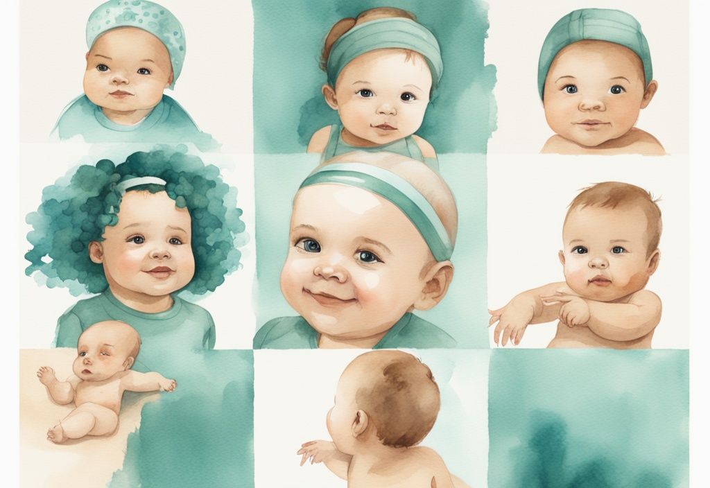 Modern watercolor illustration of baby's hair growth timeline in teal, depicting changes in hair texture from birth to toddlerhood.