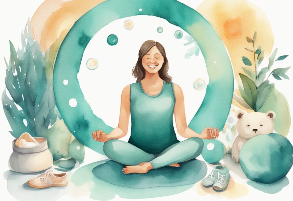 Modern watercolor illustration of a woman meditating in a glowing circle with baby items, depicting how to manifest a baby.