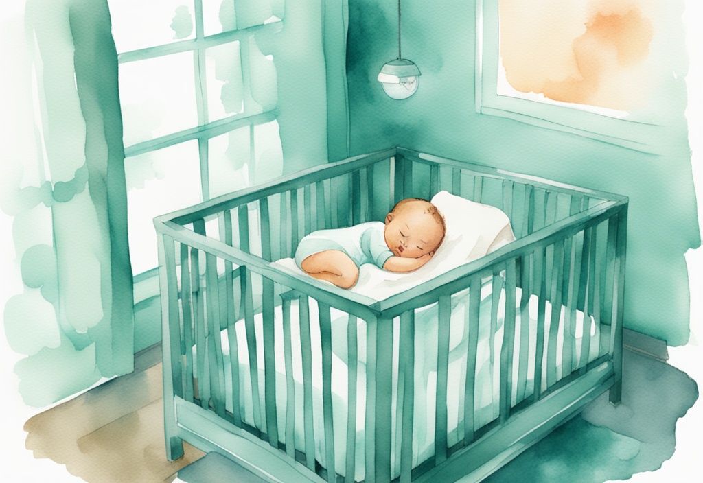 Modern watercolor illustration of a baby sleeping in a crib, demonstrating how far should a humidifier be from baby, with a safe distance marked in a teal color theme.