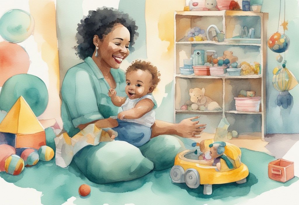 Modern watercolor illustration of a joyful baby in a teal-themed activity center with toys, supervised by a parent.