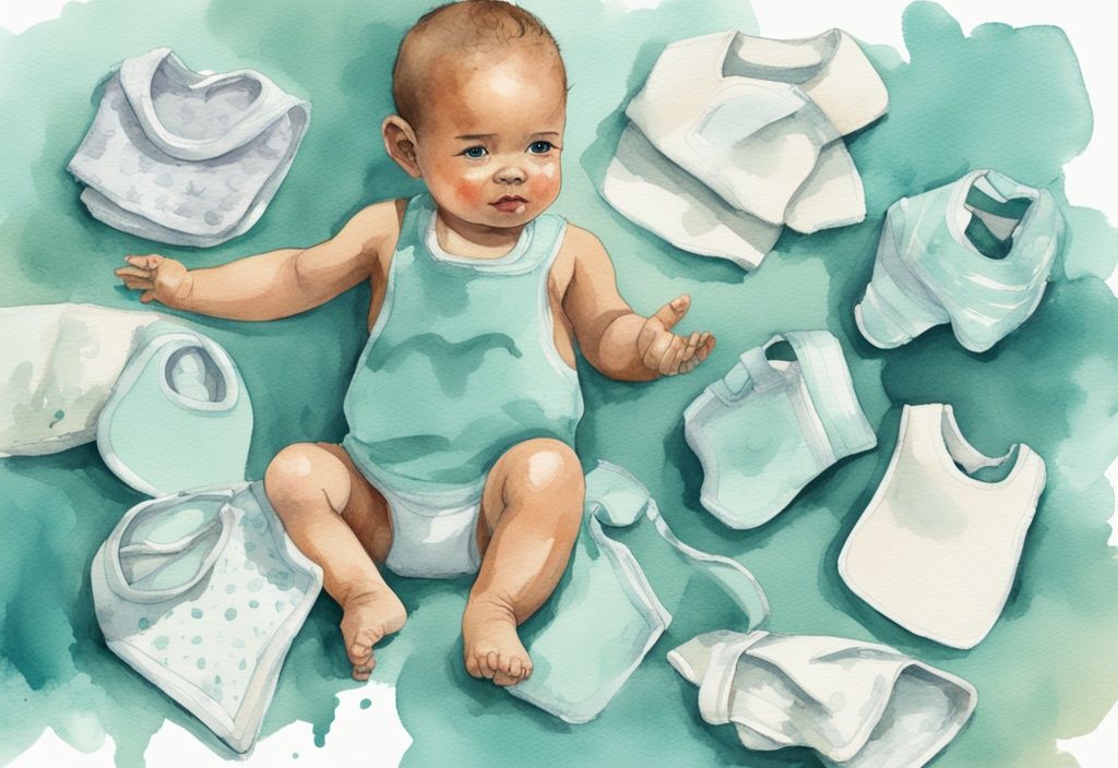 Modern watercolor illustration of a curious infant counting a pile of assorted baby bibs in teal theme, exploring the question: how many bibs does a baby need.