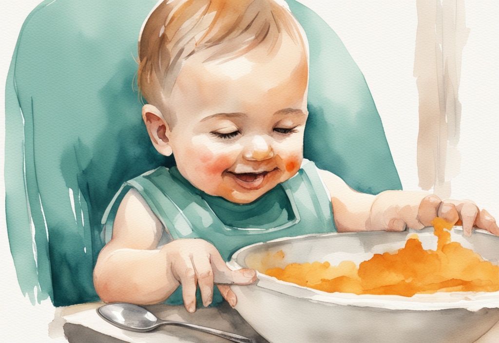 Modern watercolor illustration of a smiling baby in a high chair with teal color theme, wearing a bib, with a bowl of mashed butternut squash and a parent's hand holding a spoonful.