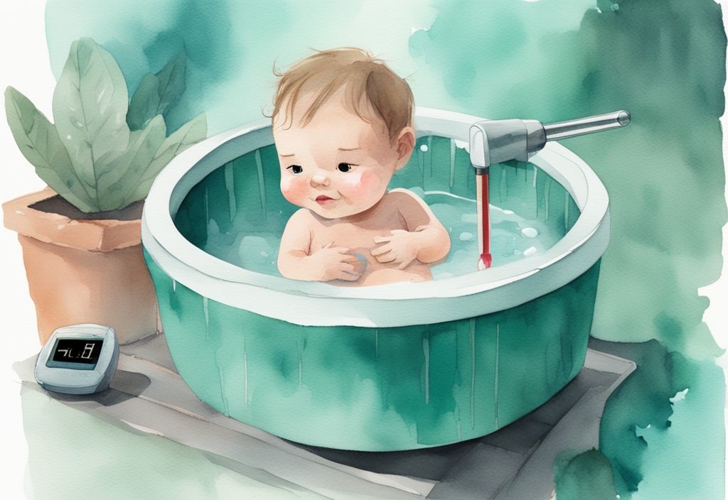 Modern watercolor illustration of a baby in a hot tub with a digital thermometer, ideal for what temperature can a baby go in a hot tub, featuring a teal color theme.